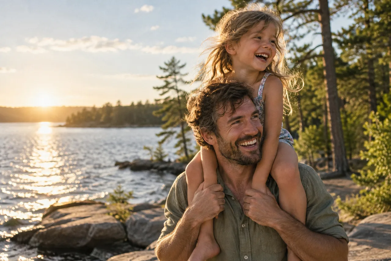 AI-generated lifestyle image of a parent and child sharing a happy moment beside a lake.
