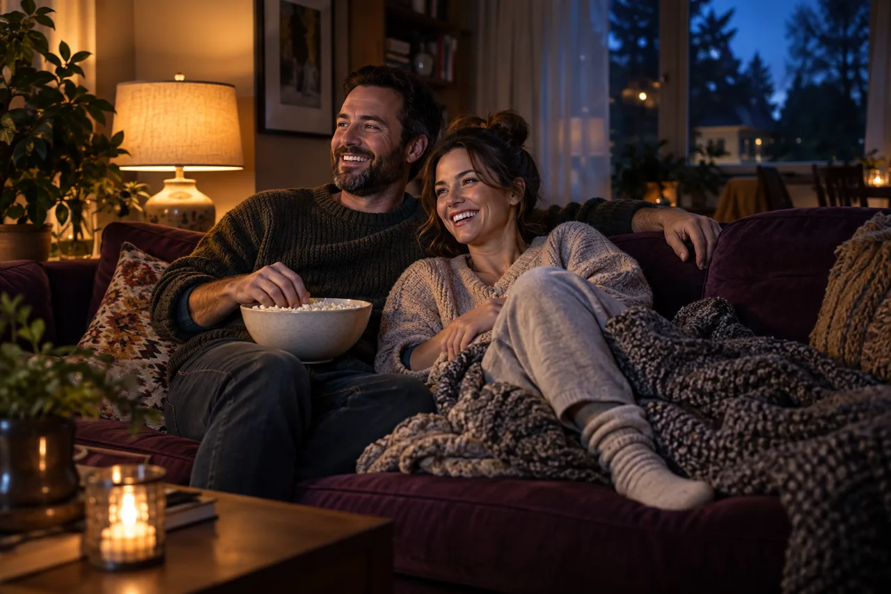 AI-generated lifestyle image of two people sharing popcorn on a sofa during movie night.